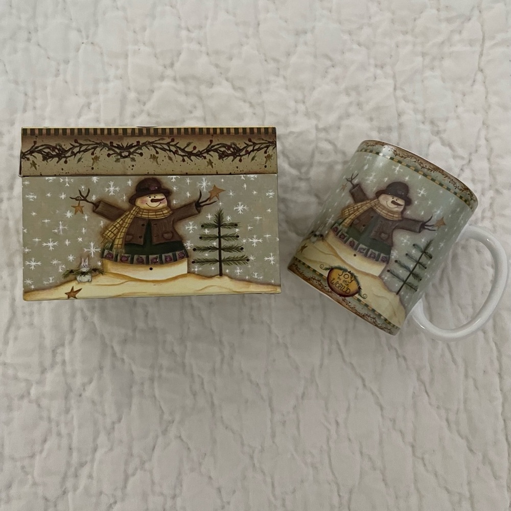 Festive “Joy to the World” Snowman Mug and Matching Hinged  Recipe Box